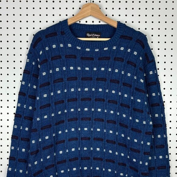Reed St James Blue Knit Sweater Large Grandpa 90s USA Striped Pattern Chunky - Picture 2 of 6